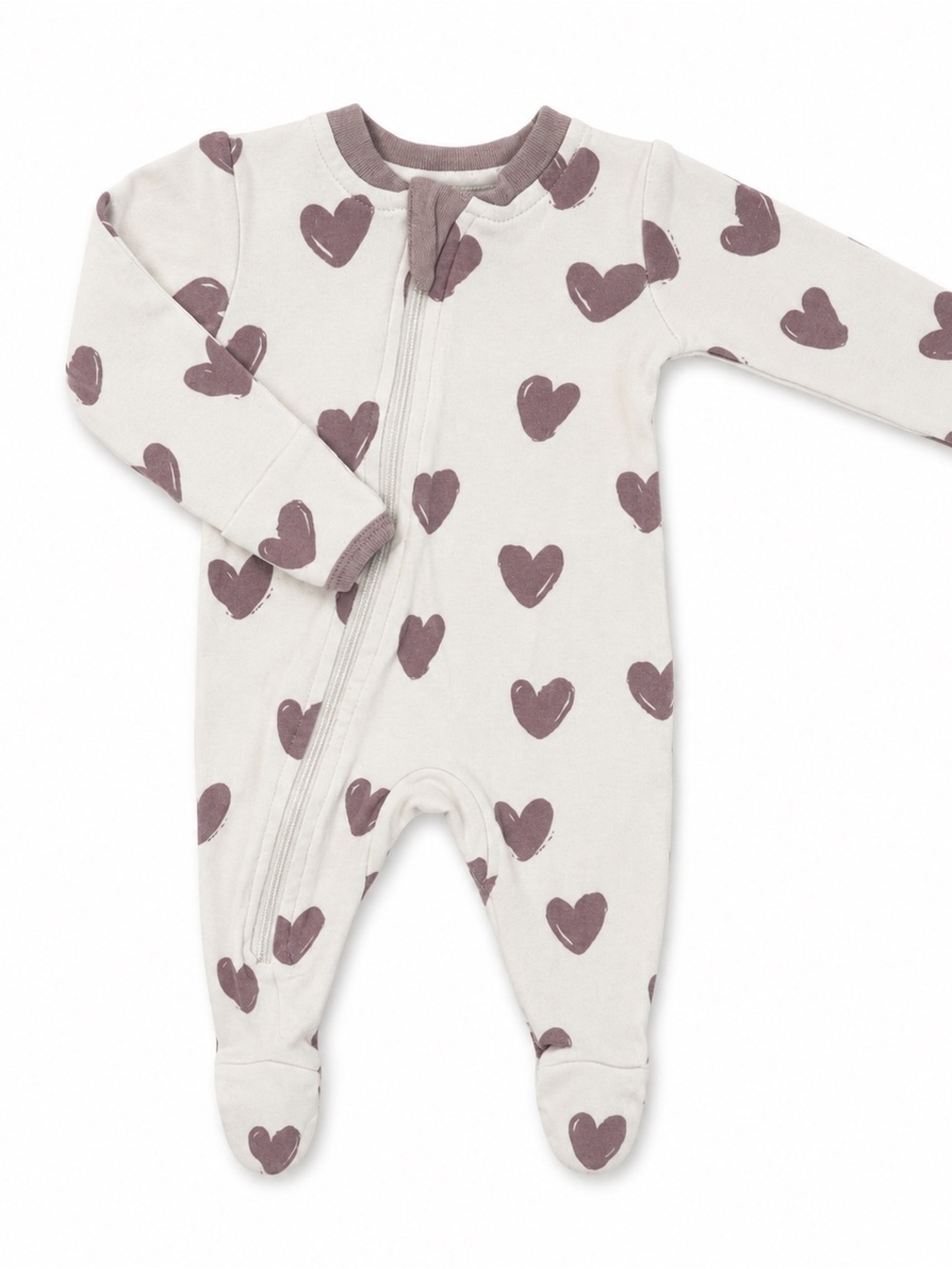 ZippyJamz Organic Cotton Cream Footie with Dusty Mauve Heart Print - Zip Front